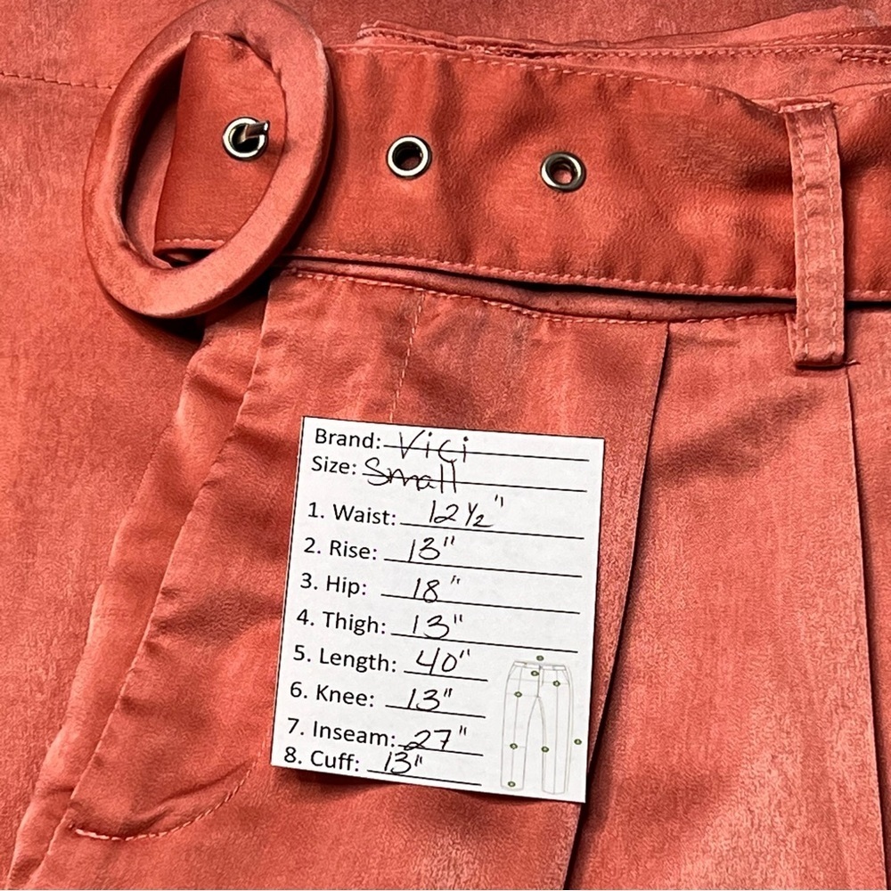 Vici Wide Leg Coral-Peach Silky Pants with Circular Buckle Belt - Picture 15 of 15